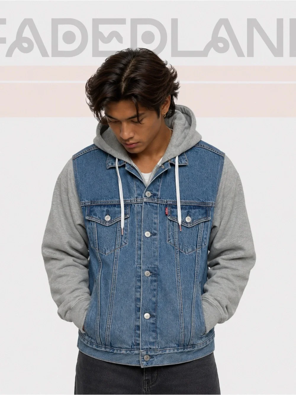 Levi's Blue Denim Trucker Jacket with Grey Hoodie Sleeves